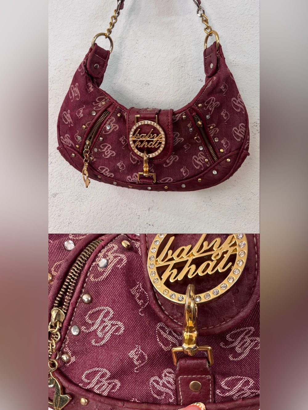 Y2K•Baby Phat Signature Ostrich Embossed Faux Leather Hobo Shoulder Bag. - Picture 5 of 15